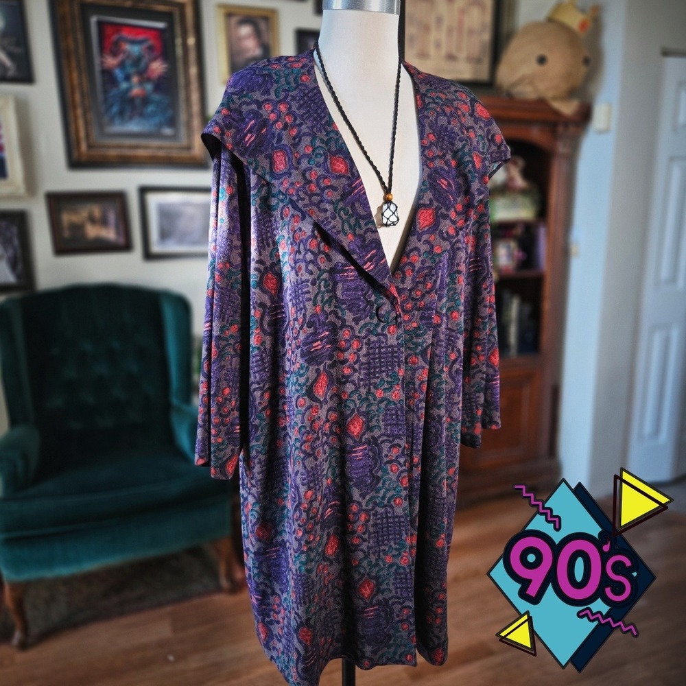 Hitoshi Satin Gold Jacket Vintage 90s Textured Tunic Hooded Purple Floral L‎